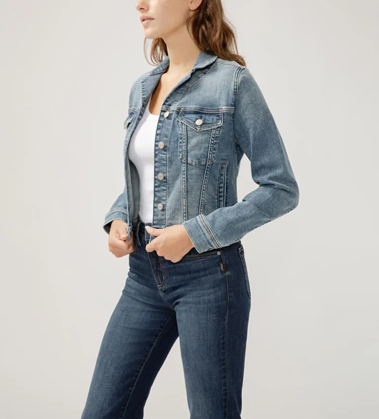 Silver Jeans Women's Notched Crop Jean Jacket - Medium Light Indigo Wash
