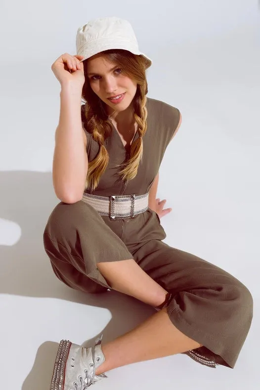 Sleeveless Jumpsuit With Zipper Detail And Belt In Khaki