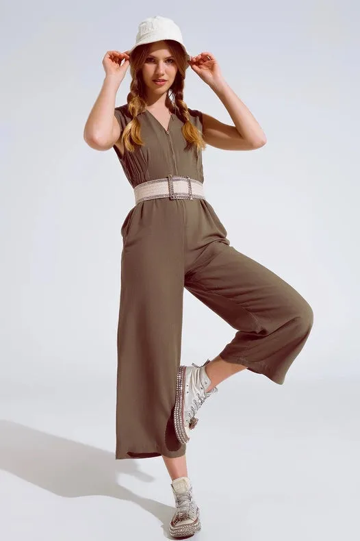 Sleeveless Jumpsuit With Zipper Detail And Belt In Khaki