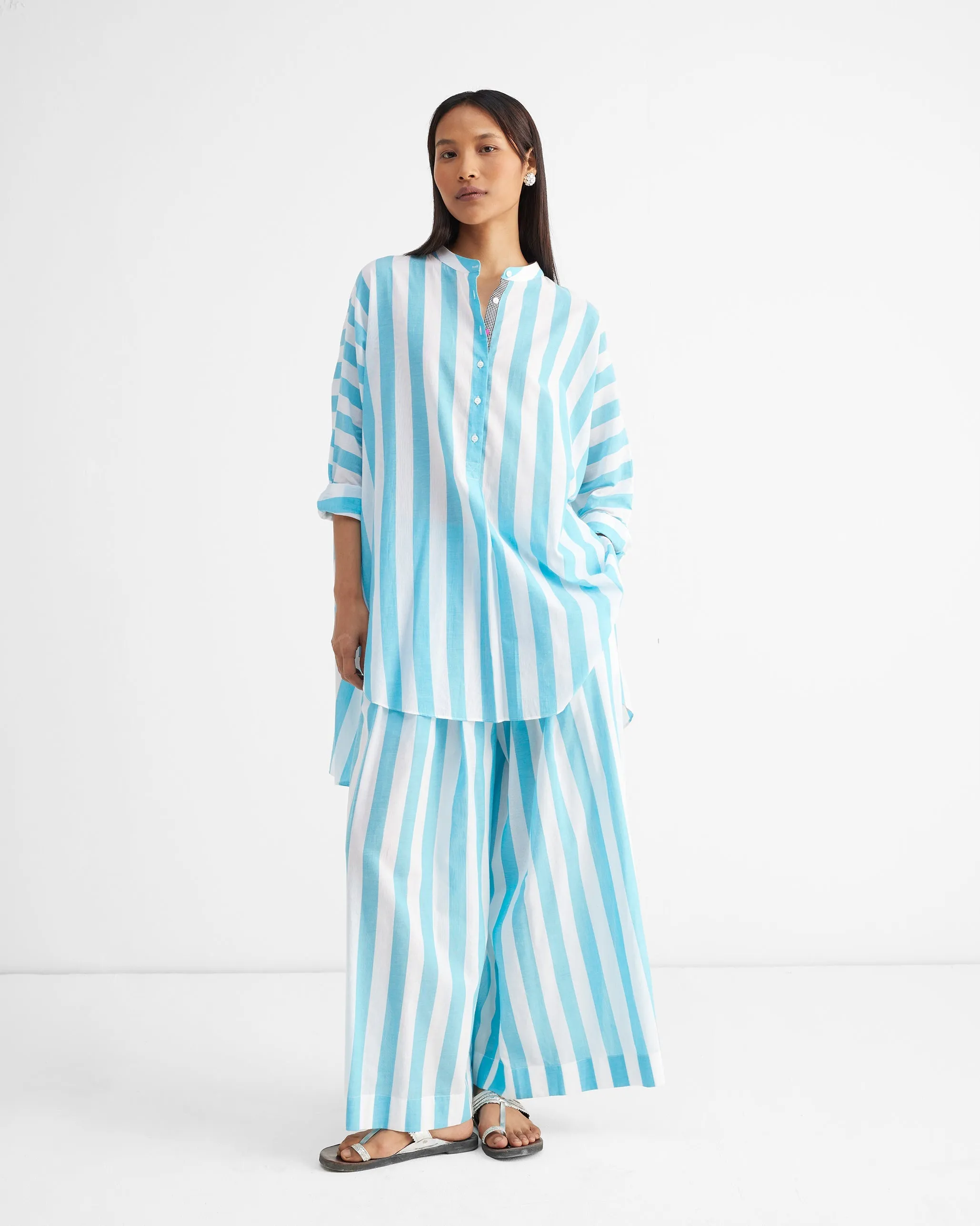 Soto Flared Pants - Aqua & White Stripes