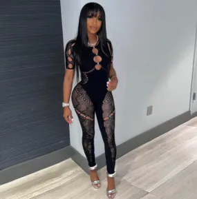 Stretchy Black Sexy Cut Out Mesh Catsuit