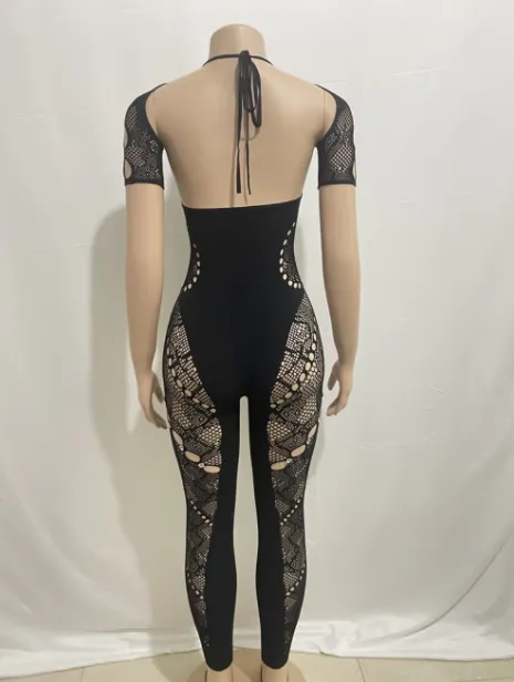 Stretchy Black Sexy Cut Out Mesh Catsuit