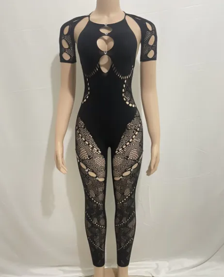 Stretchy Black Sexy Cut Out Mesh Catsuit