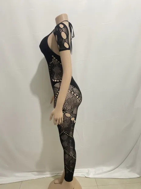 Stretchy Black Sexy Cut Out Mesh Catsuit