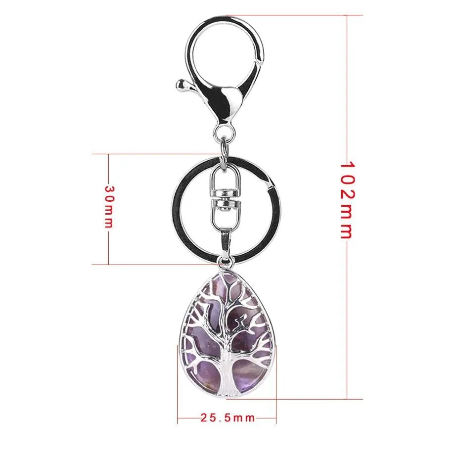 Water Drop Keychains Key Ring Key Holder Reiki Natural Gem Stone Tree of Life Pendant