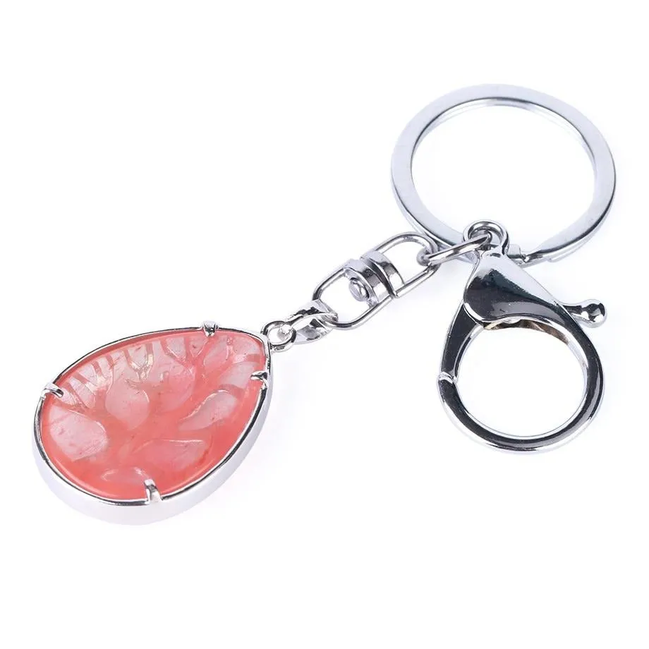 Water Drop Keychains Key Ring Key Holder Reiki Natural Gem Stone Tree of Life Pendant