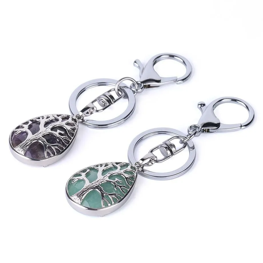 Water Drop Keychains Key Ring Key Holder Reiki Natural Gem Stone Tree of Life Pendant