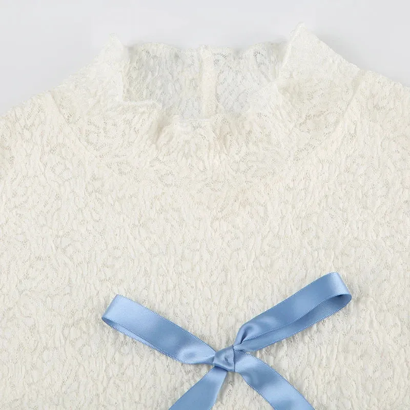 White Lace Turtleneck Blue Ribbon Bow Sleeveless Top
