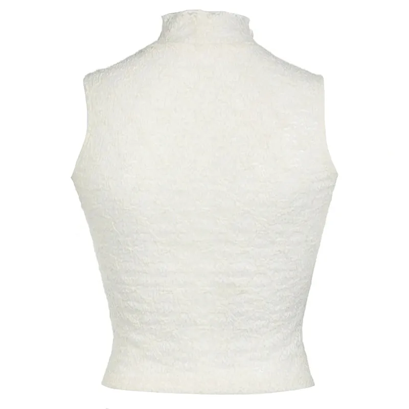 White Lace Turtleneck Blue Ribbon Bow Sleeveless Top