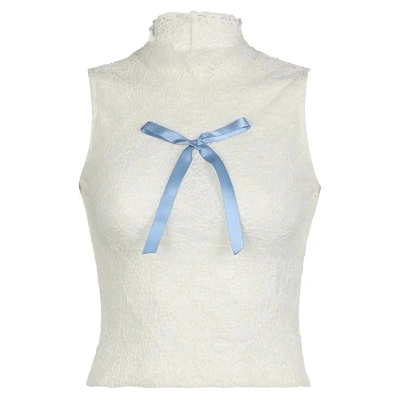 White Lace Turtleneck Blue Ribbon Bow Sleeveless Top