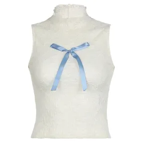White Lace Turtleneck Blue Ribbon Bow Sleeveless Top