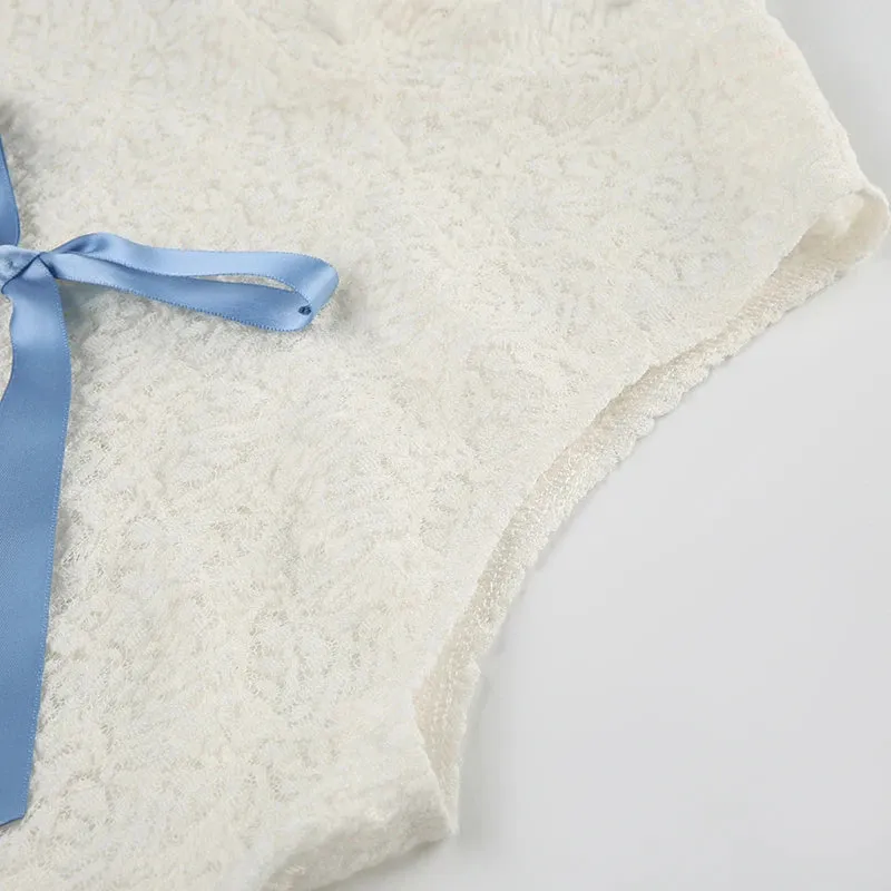 White Lace Turtleneck Blue Ribbon Bow Sleeveless Top