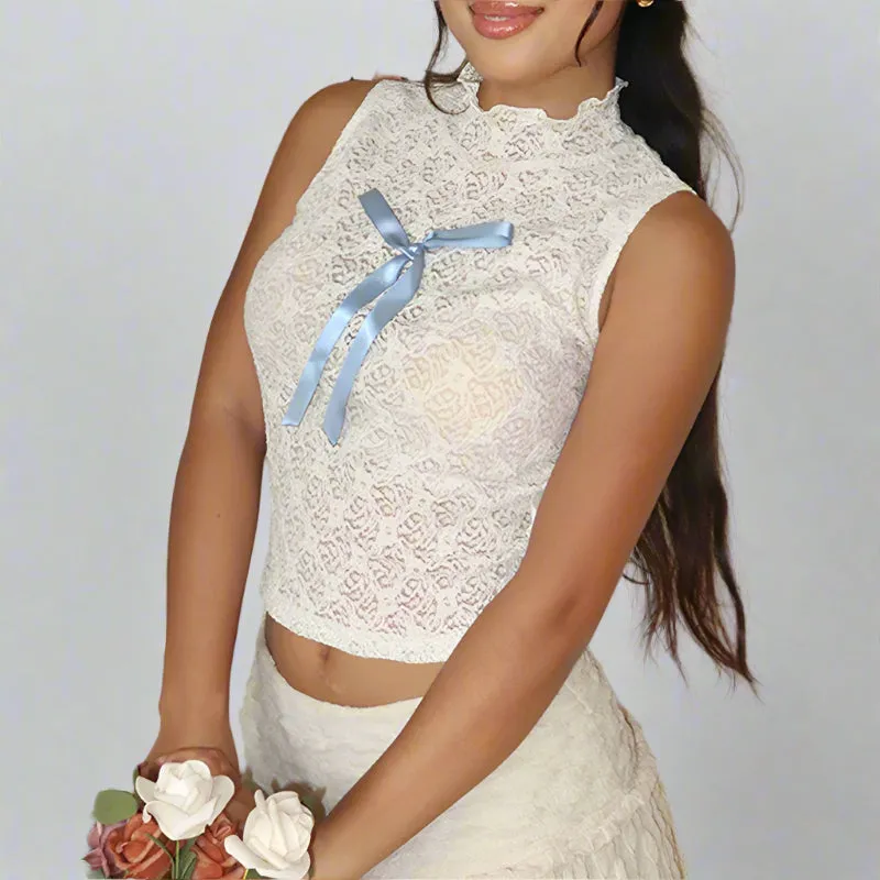 White Lace Turtleneck Blue Ribbon Bow Sleeveless Top