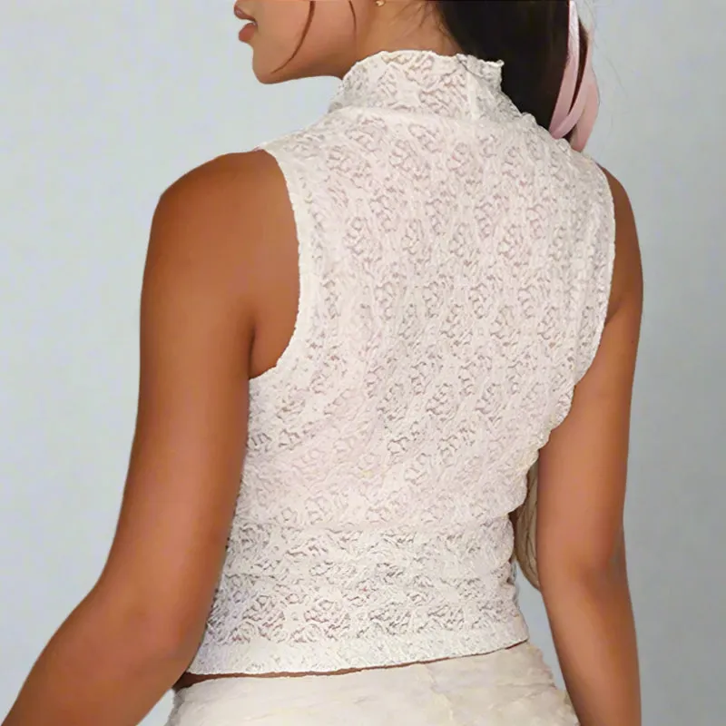 White Lace Turtleneck Blue Ribbon Bow Sleeveless Top
