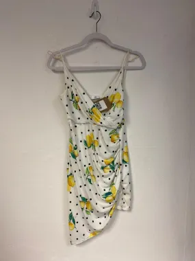 White ruched lemon pattern bodycon dress, Missguided, Size 10 (Elastane, Polyester)