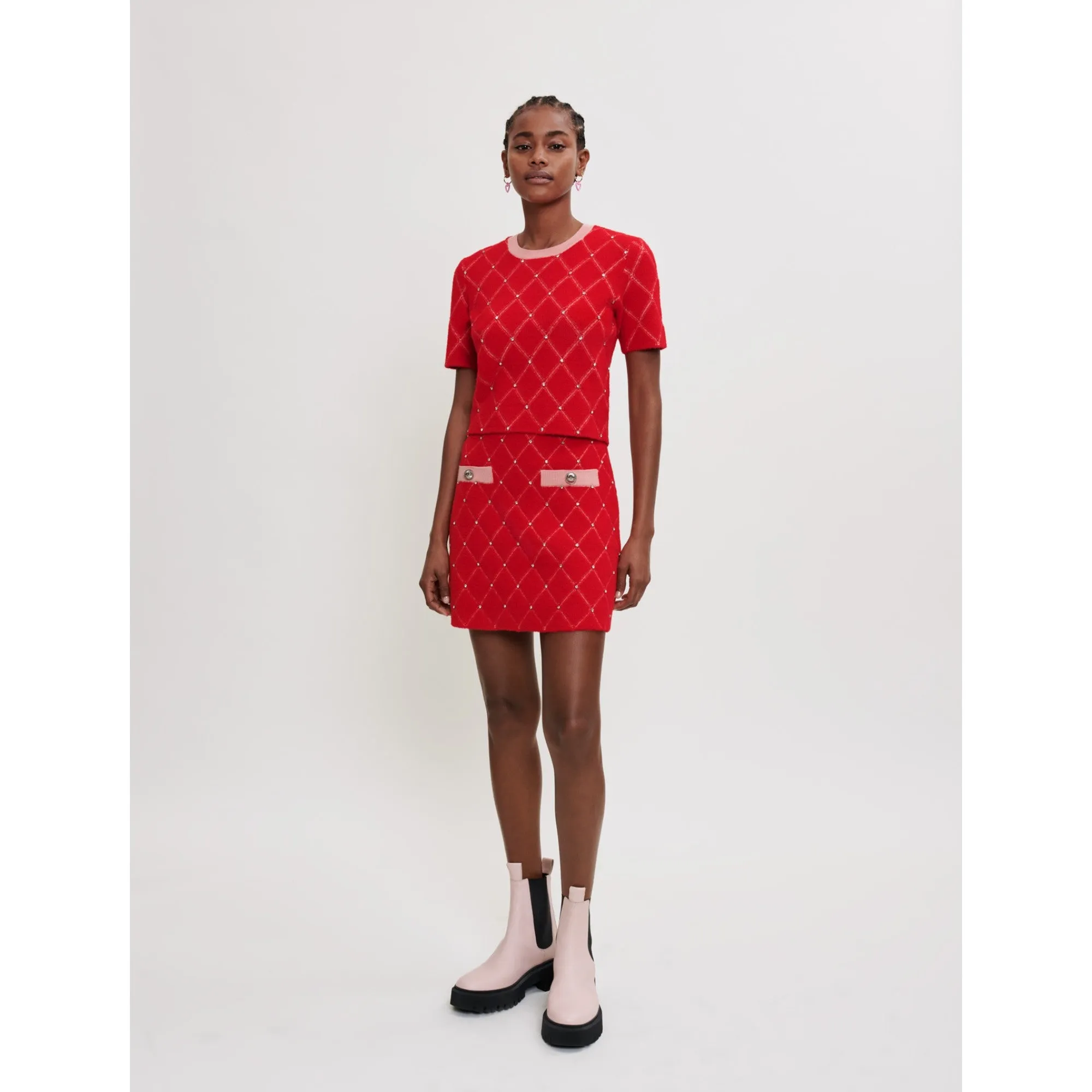 Women Diamond Pattern Rhinestone Knit Pullover - Red