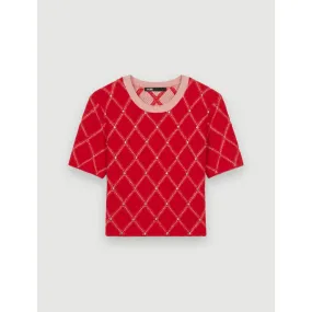 Women Diamond Pattern Rhinestone Knit Pullover - Red