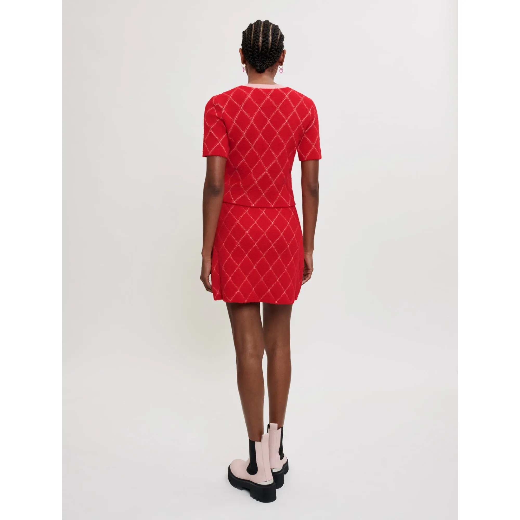 Women Diamond Pattern Rhinestone Knit Pullover - Red