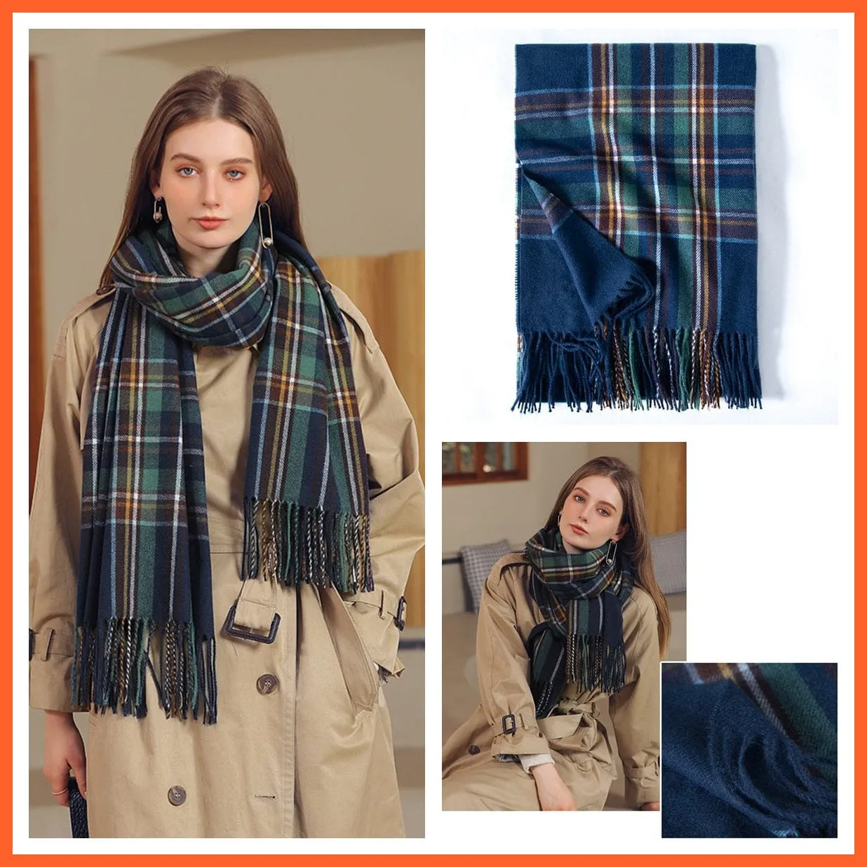 Women Winter Scarf Cashmere Feeling Muffler | Classic Plaid Shawl Wrap