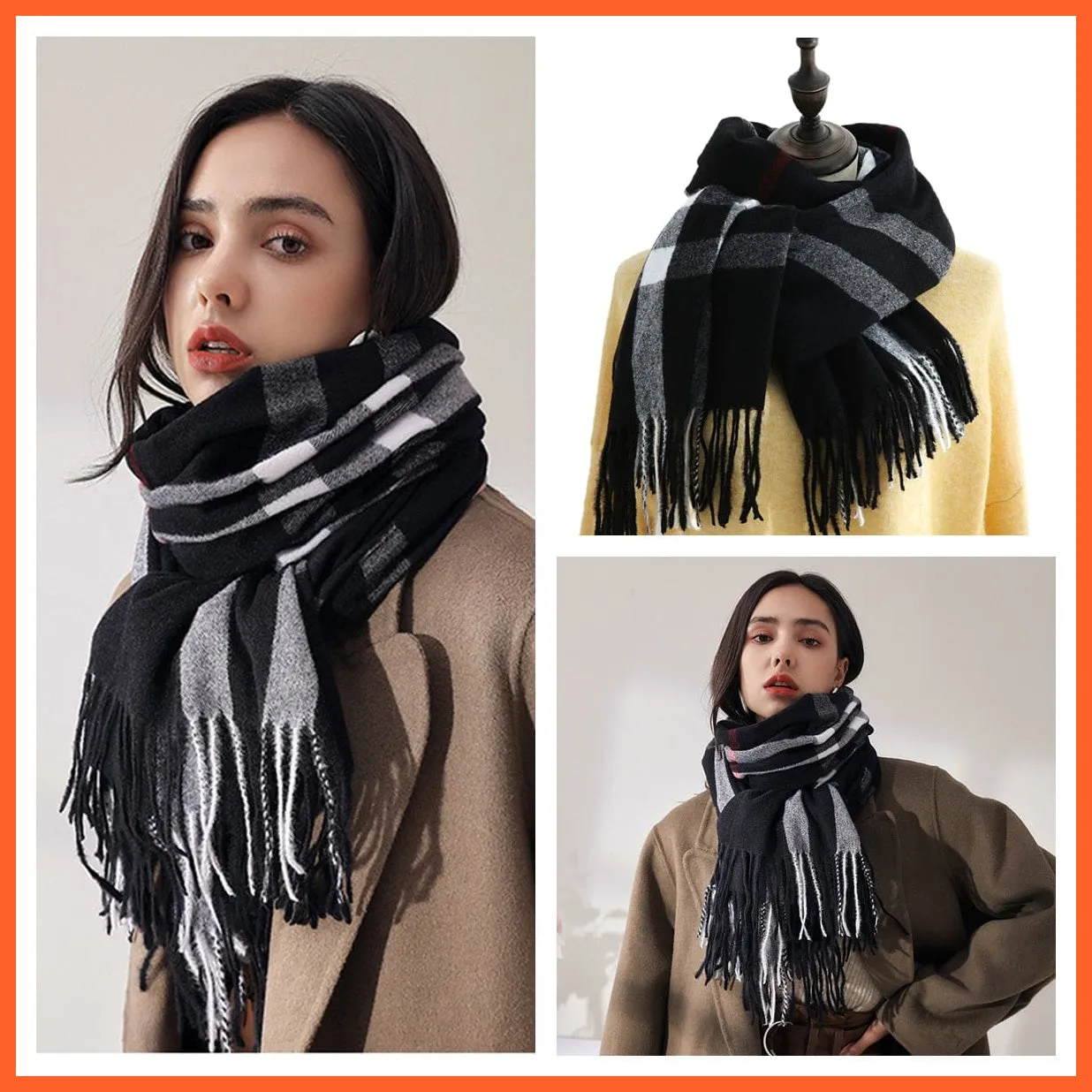Women Winter Scarf Cashmere Feeling Muffler | Classic Plaid Shawl Wrap