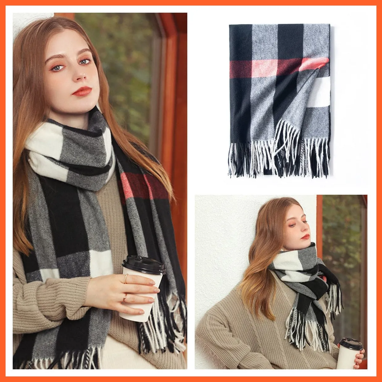 Women Winter Scarf Cashmere Feeling Muffler | Classic Plaid Shawl Wrap