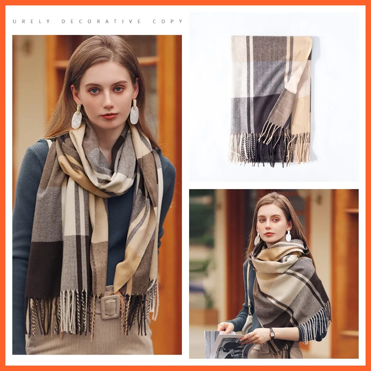 Women Winter Scarf Cashmere Feeling Muffler | Classic Plaid Shawl Wrap