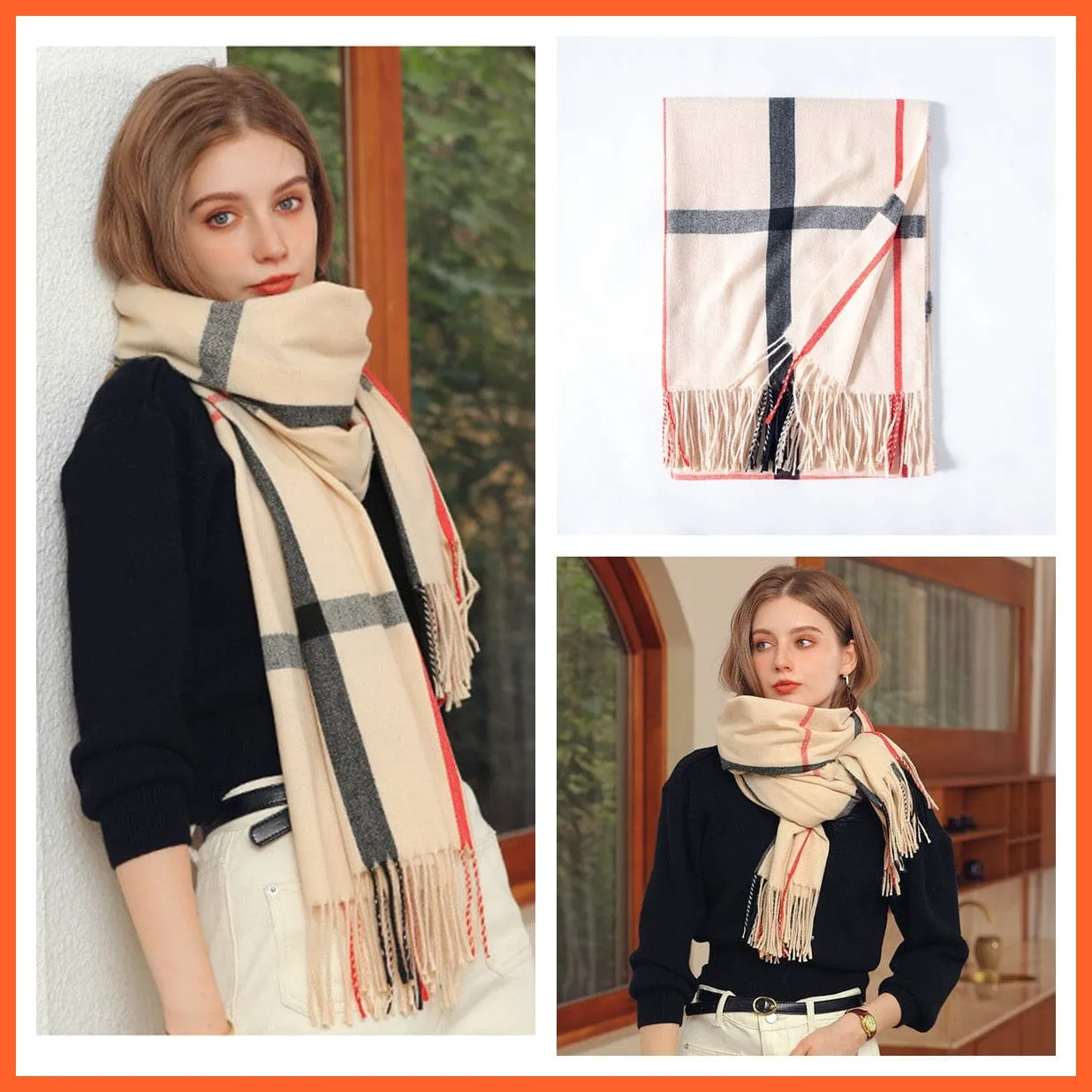 Women Winter Scarf Cashmere Feeling Muffler | Classic Plaid Shawl Wrap