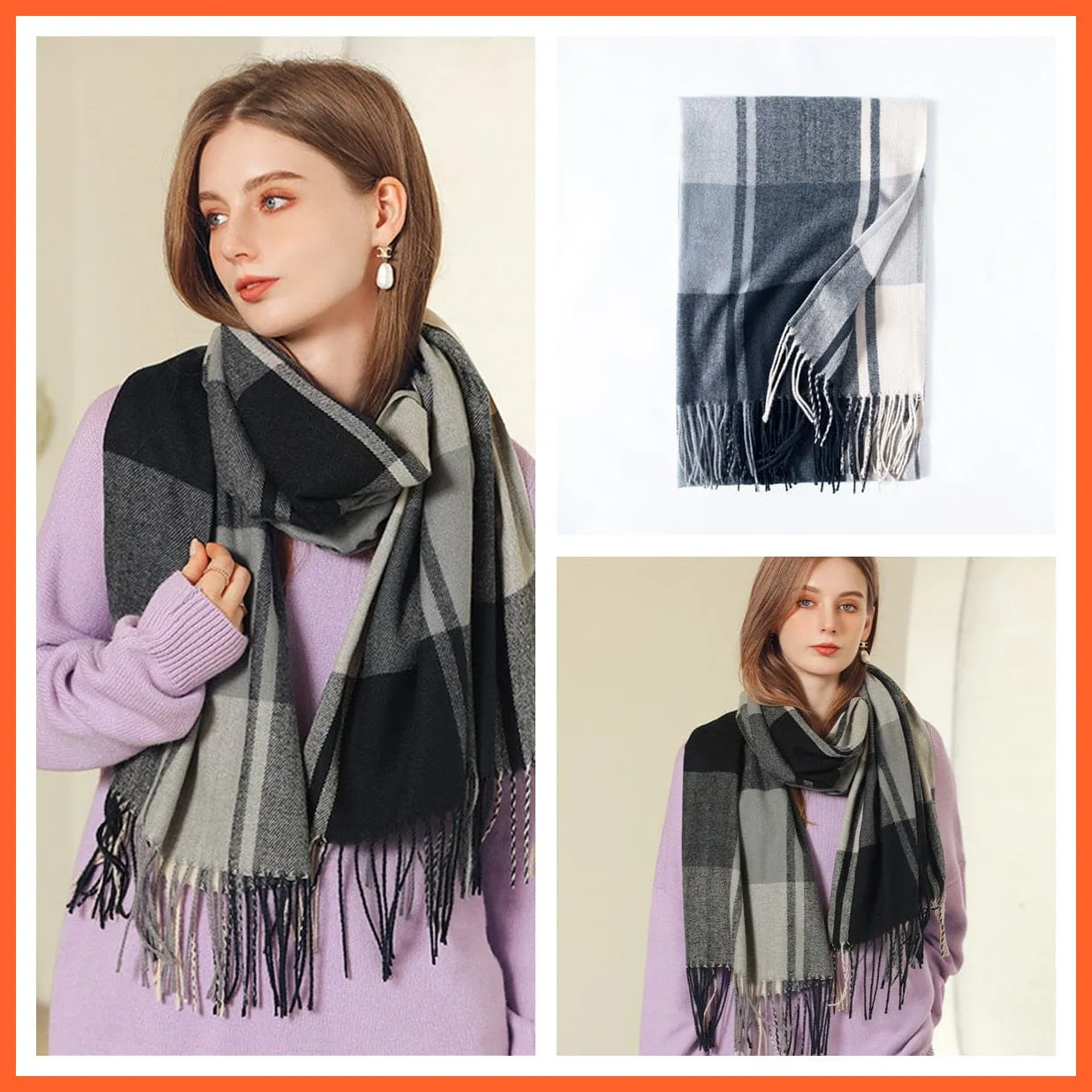 Women Winter Scarf Cashmere Feeling Muffler | Classic Plaid Shawl Wrap