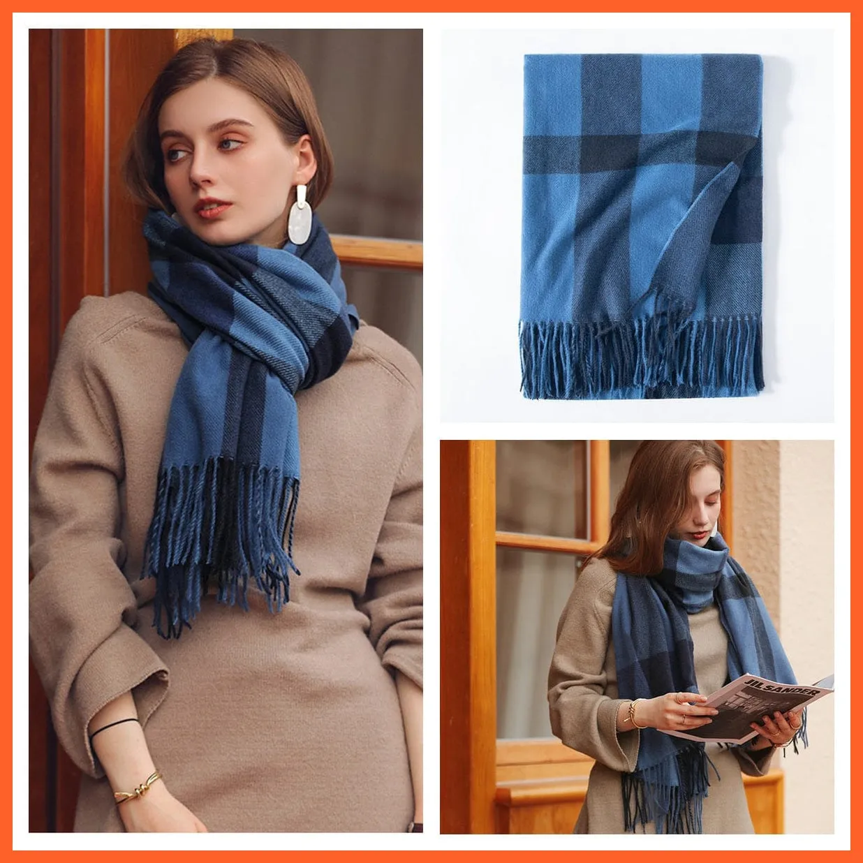 Women Winter Scarf Cashmere Feeling Muffler | Classic Plaid Shawl Wrap
