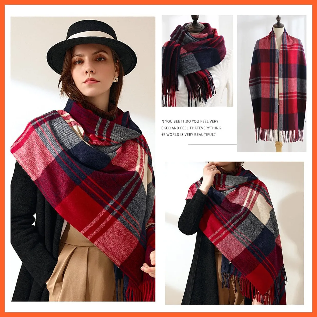 Women Winter Scarf Cashmere Feeling Muffler | Classic Plaid Shawl Wrap