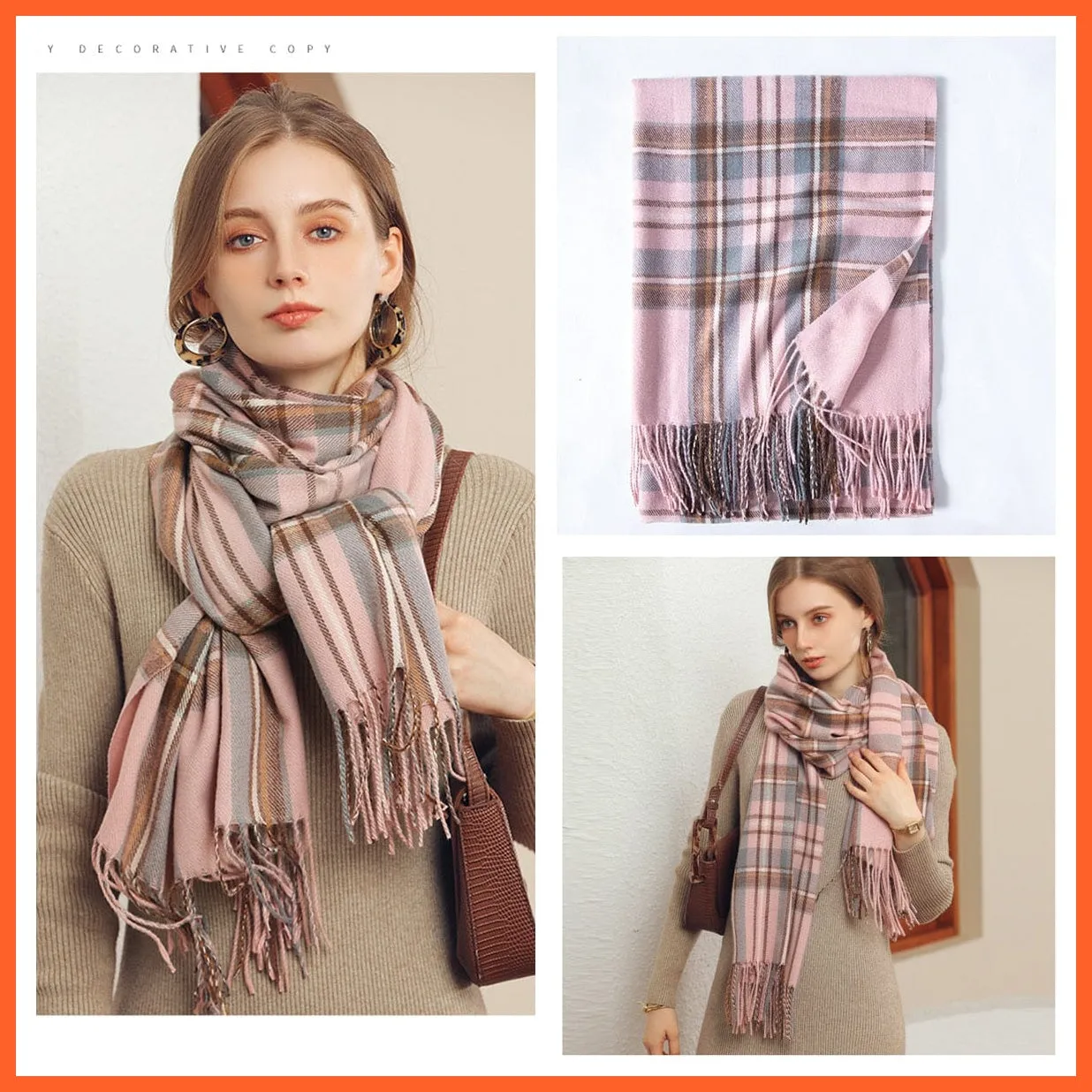 Women Winter Scarf Cashmere Feeling Muffler | Classic Plaid Shawl Wrap