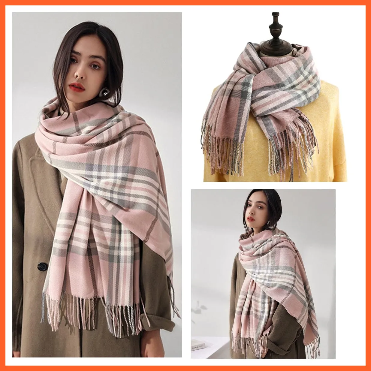 Women Winter Scarf Cashmere Feeling Muffler | Classic Plaid Shawl Wrap