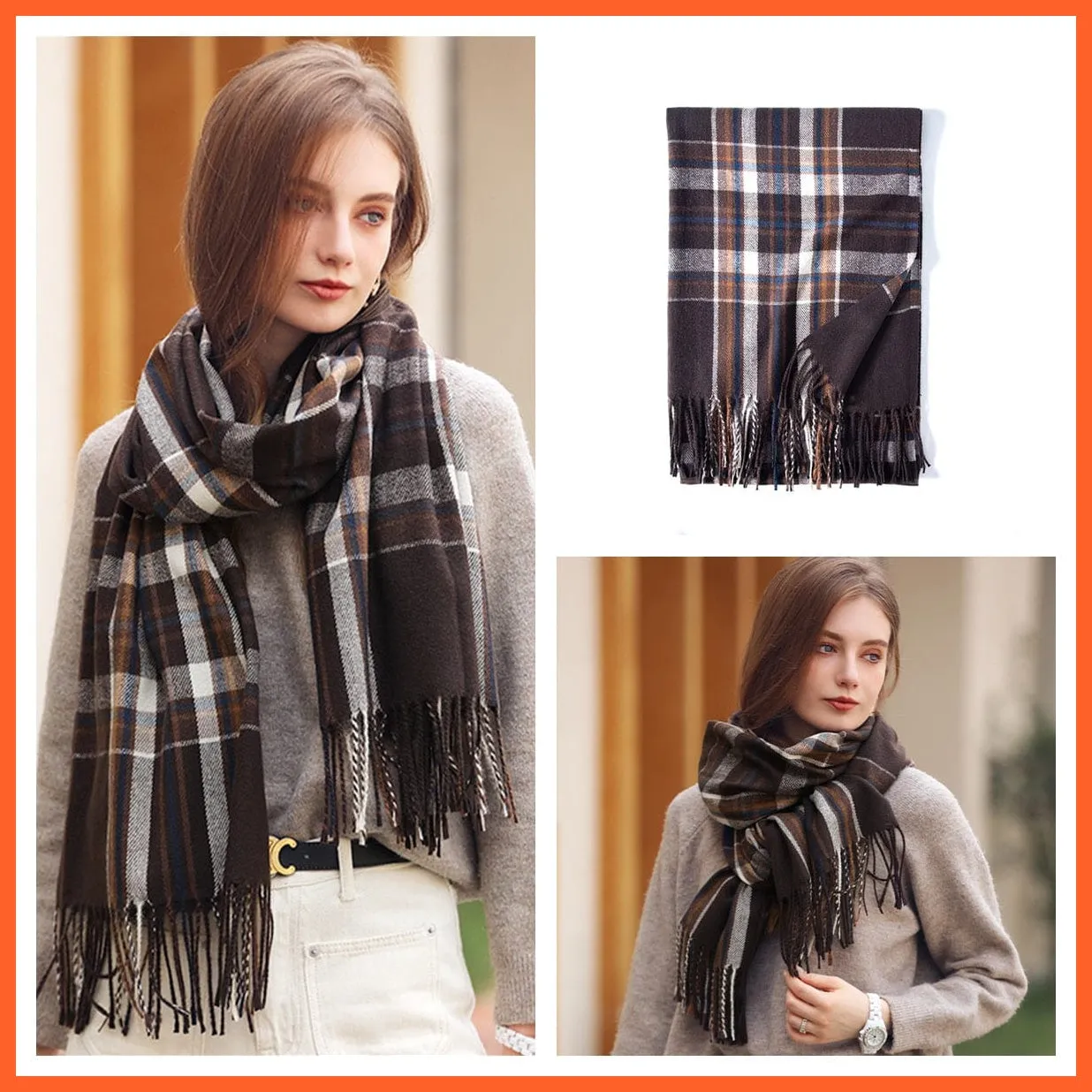 Women Winter Scarf Cashmere Feeling Muffler | Classic Plaid Shawl Wrap