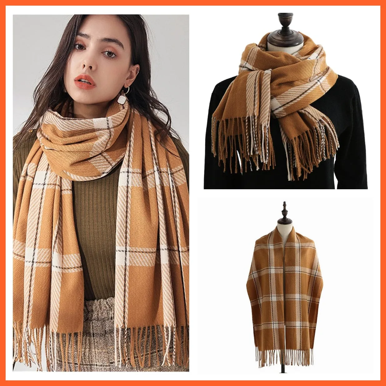 Women Winter Scarf Cashmere Feeling Muffler | Classic Plaid Shawl Wrap