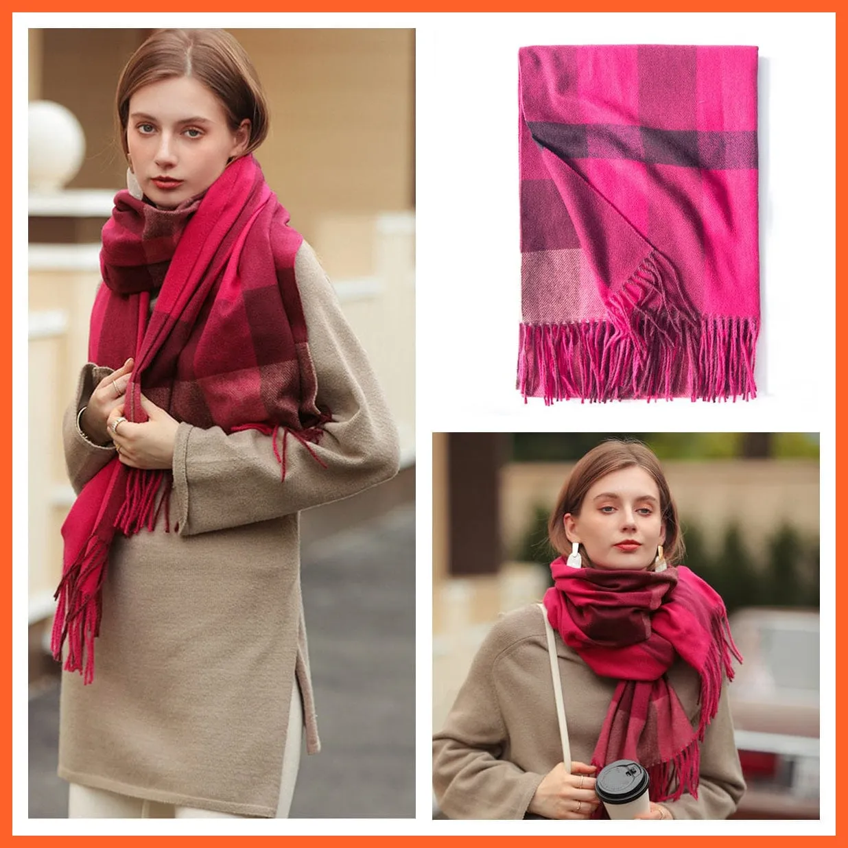 Women Winter Scarf Cashmere Feeling Muffler | Classic Plaid Shawl Wrap
