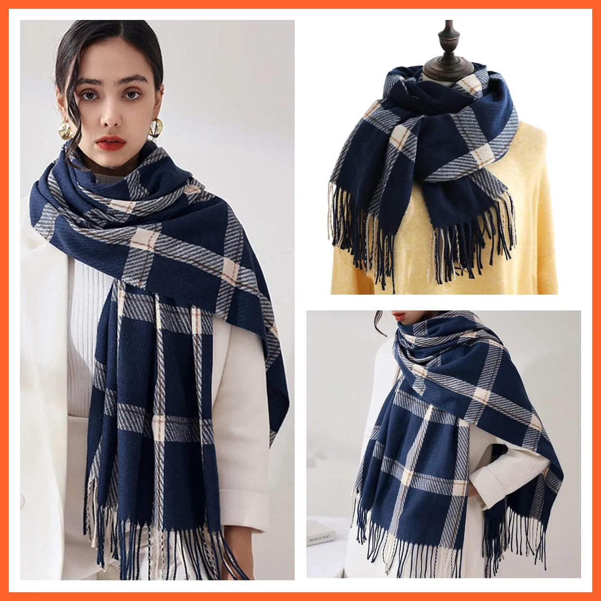 Women Winter Scarf Cashmere Feeling Muffler | Classic Plaid Shawl Wrap
