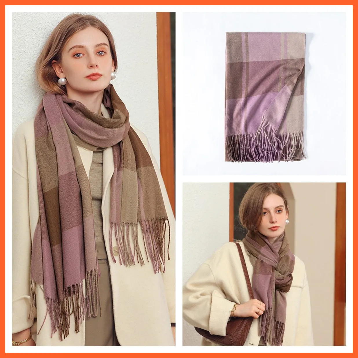 Women Winter Scarf Cashmere Feeling Muffler | Classic Plaid Shawl Wrap