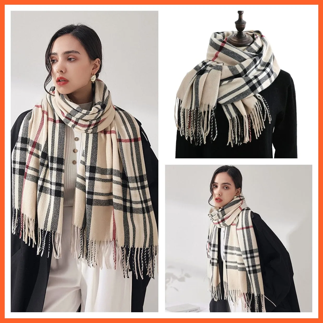 Women Winter Scarf Cashmere Feeling Muffler | Classic Plaid Shawl Wrap