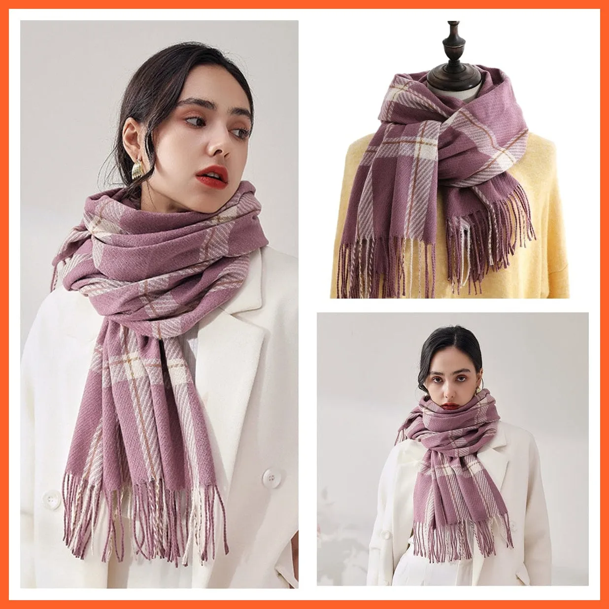 Women Winter Scarf Cashmere Feeling Muffler | Classic Plaid Shawl Wrap