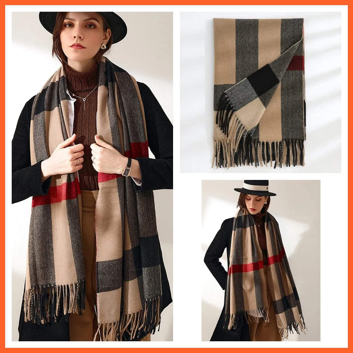 Women Winter Scarf Cashmere Feeling Muffler | Classic Plaid Shawl Wrap