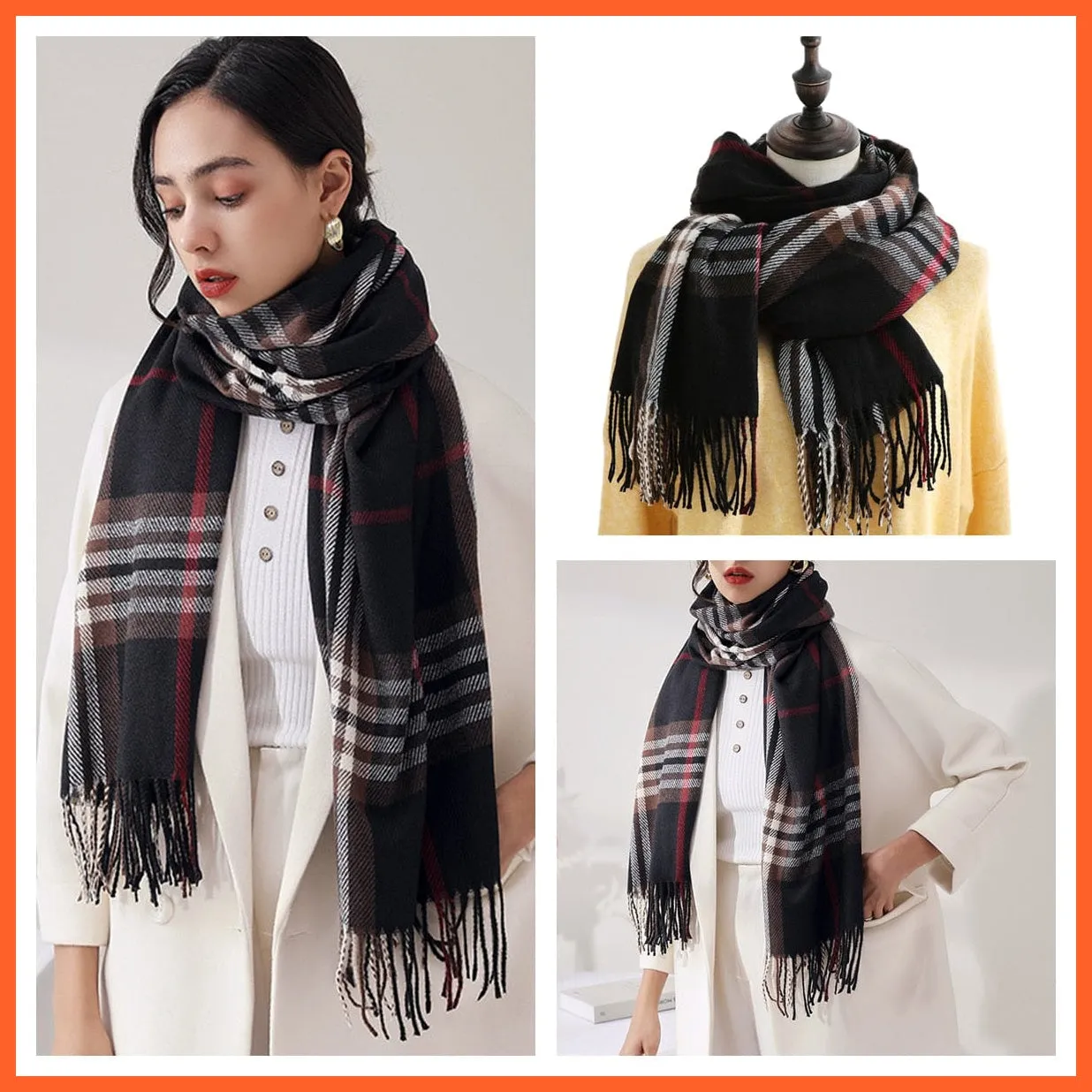 Women Winter Scarf Cashmere Feeling Muffler | Classic Plaid Shawl Wrap