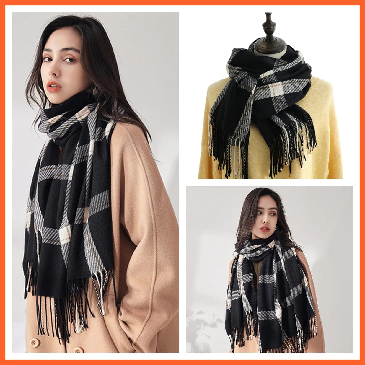 Women Winter Scarf Cashmere Feeling Muffler | Classic Plaid Shawl Wrap