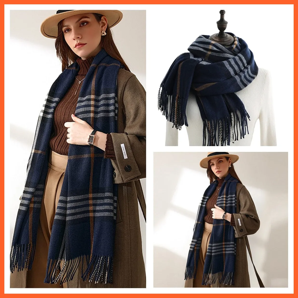 Women Winter Scarf Cashmere Feeling Muffler | Classic Plaid Shawl Wrap