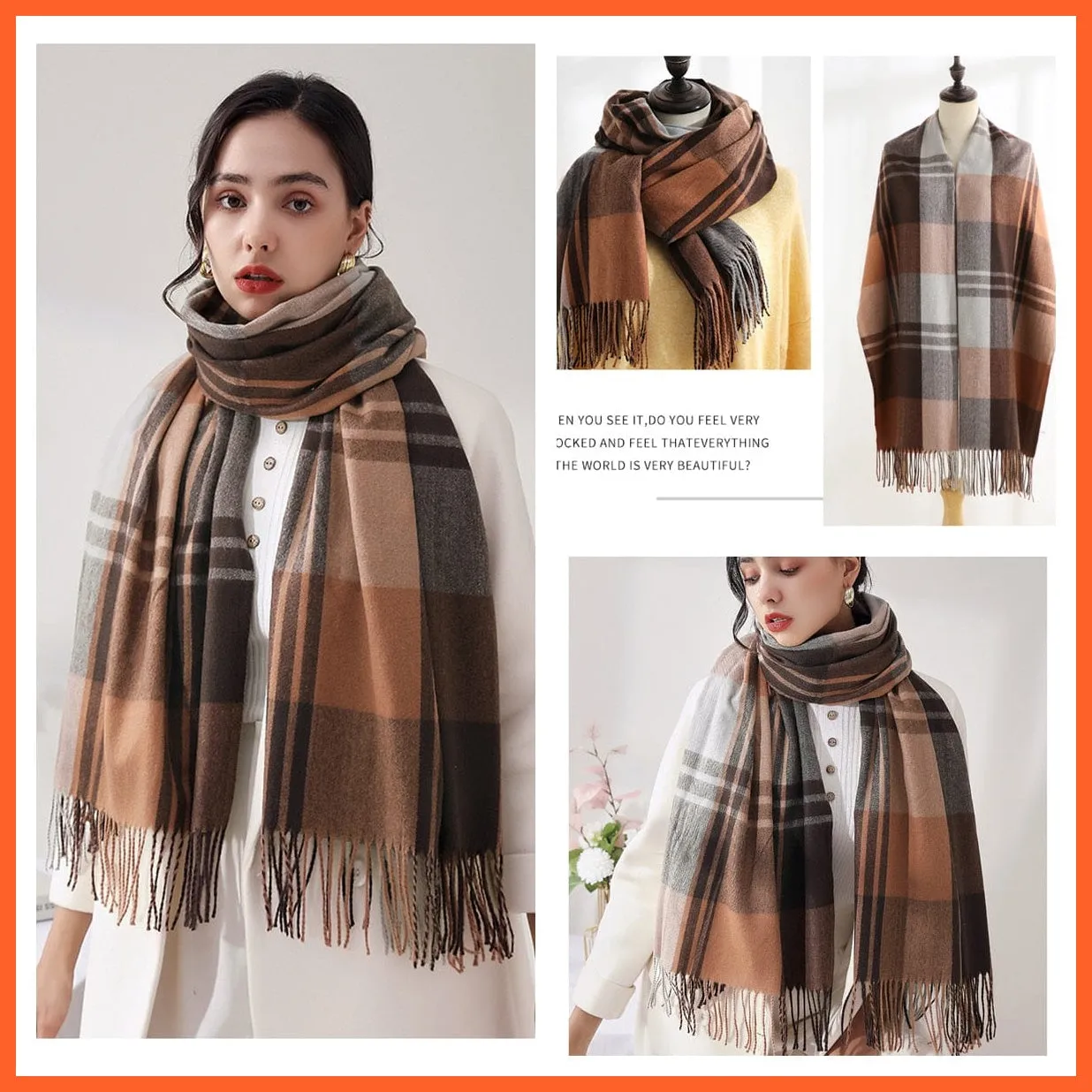 Women Winter Scarf Cashmere Feeling Muffler | Classic Plaid Shawl Wrap