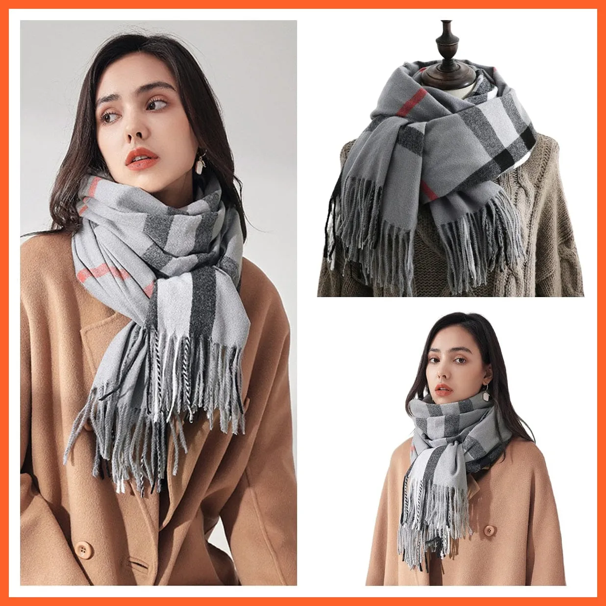 Women Winter Scarf Cashmere Feeling Muffler | Classic Plaid Shawl Wrap