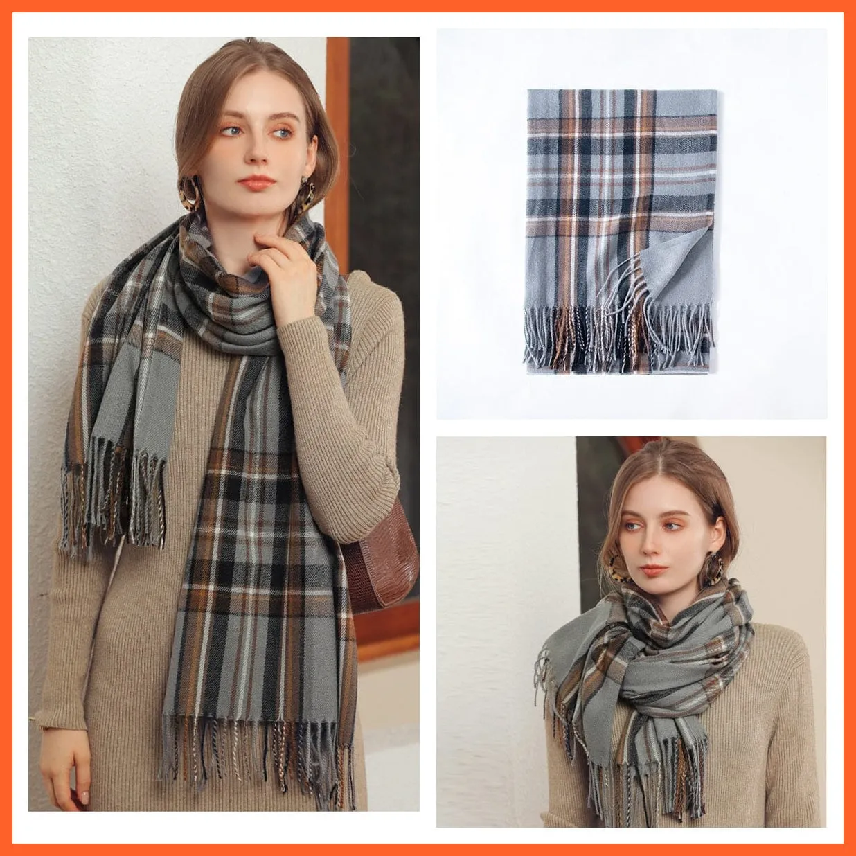 Women Winter Scarf Cashmere Feeling Muffler | Classic Plaid Shawl Wrap