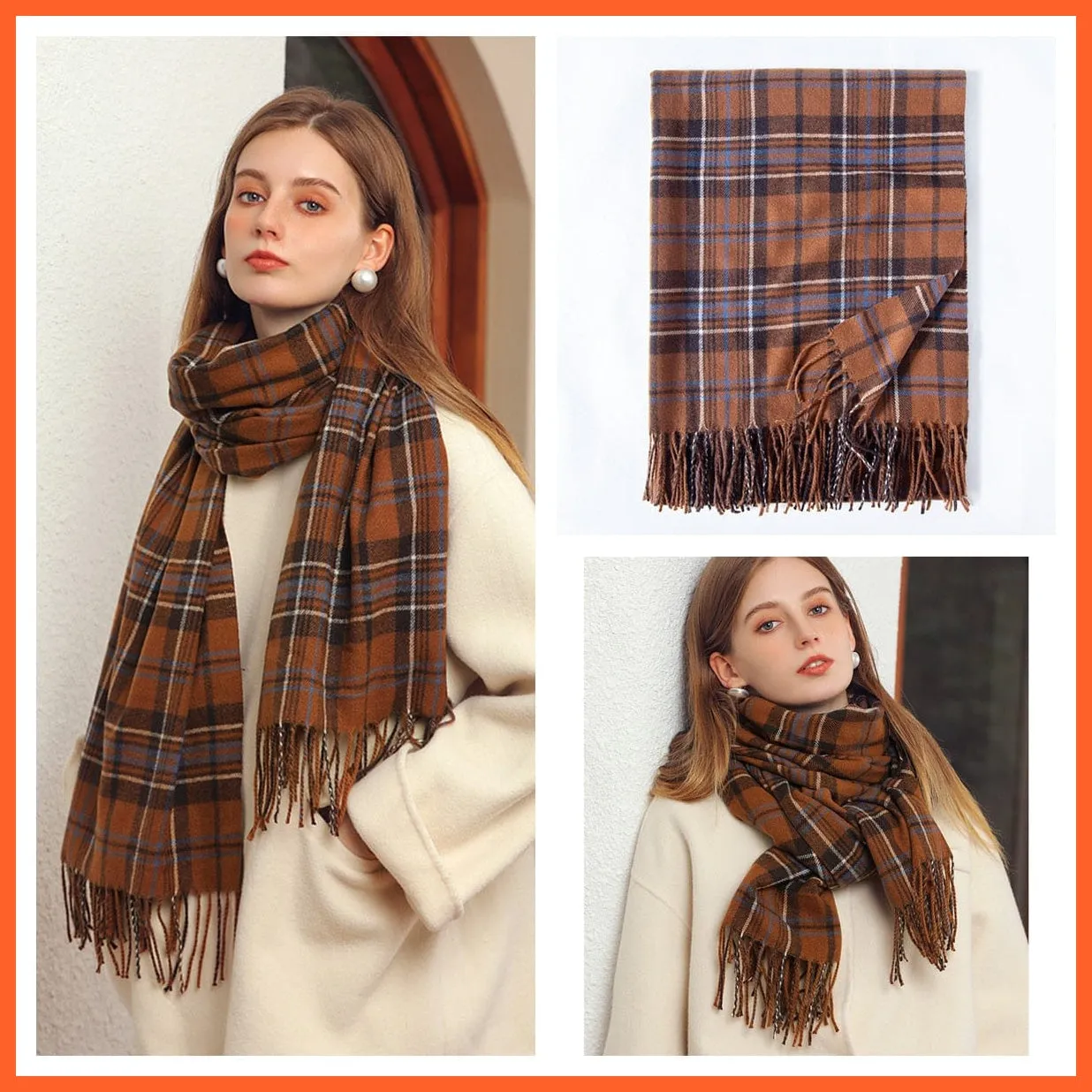 Women Winter Scarf Cashmere Feeling Muffler | Classic Plaid Shawl Wrap