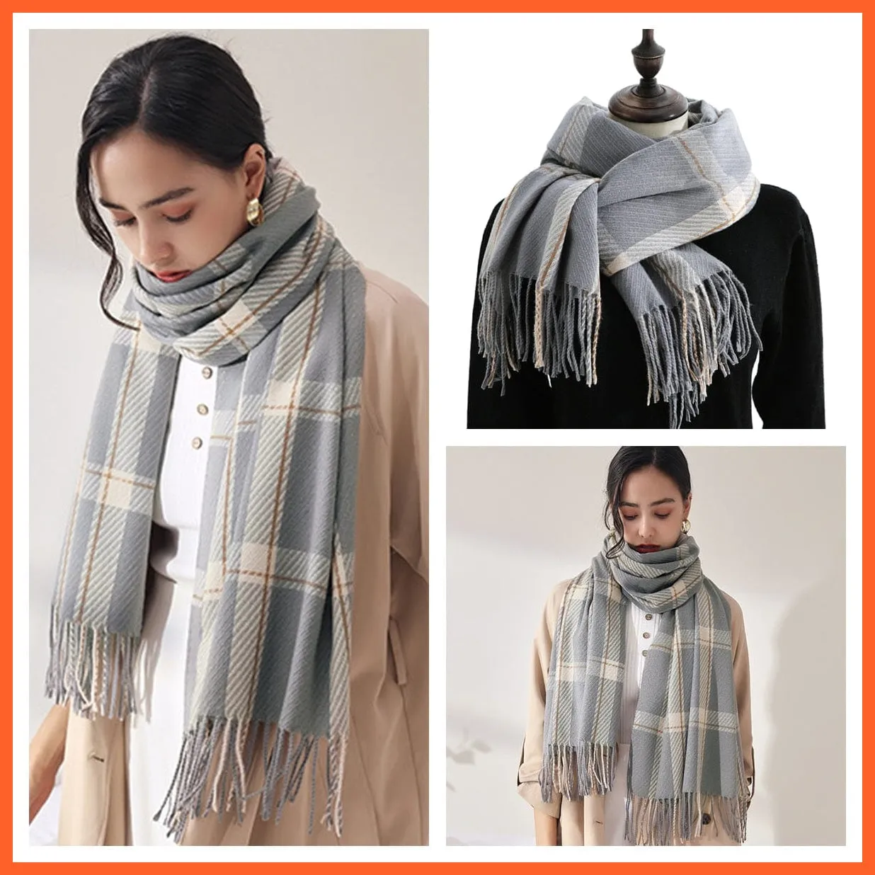 Women Winter Scarf Cashmere Feeling Muffler | Classic Plaid Shawl Wrap
