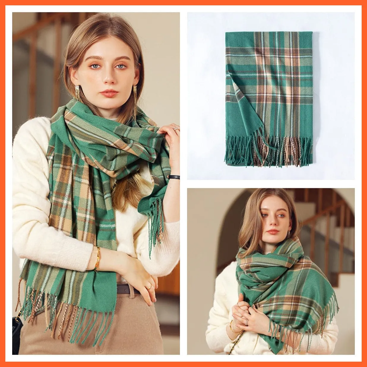 Women Winter Scarf Cashmere Feeling Muffler | Classic Plaid Shawl Wrap