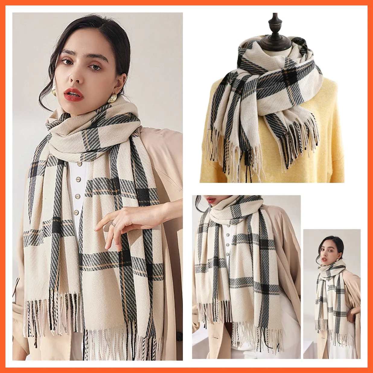 Women Winter Scarf Cashmere Feeling Muffler | Classic Plaid Shawl Wrap